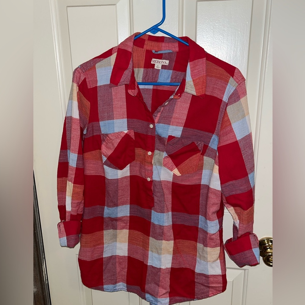 100% Cotton, 1/4 Cotton Button-Up, Red Buffalo Plaid Merona Shirt- Like New